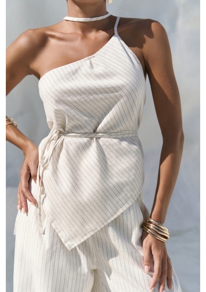 Behin Çizgili Bağlamalı Bej Crop Pantolon Takım