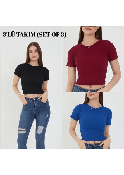 Kadın 3 Lü Takım Yazlık Crop T-Shirt Bluz