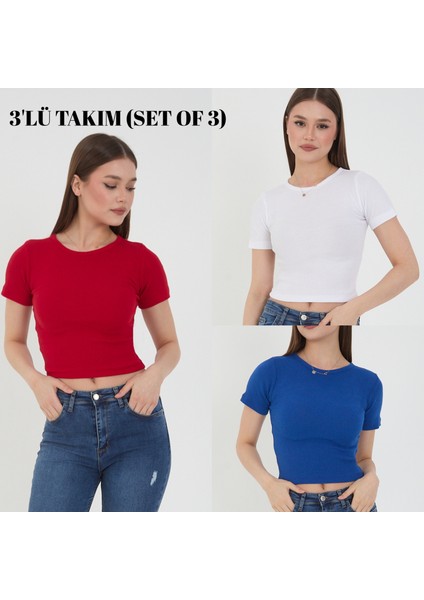 Kadın 3 Lü Takım Yazlık Crop T-Shirt Bluz