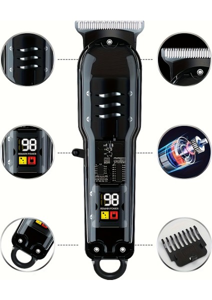 USB Şarj Edilebilir Saç Sakal Traş Makinesi LCD Ekranlı / New Generation / Renk Siyah Full Set