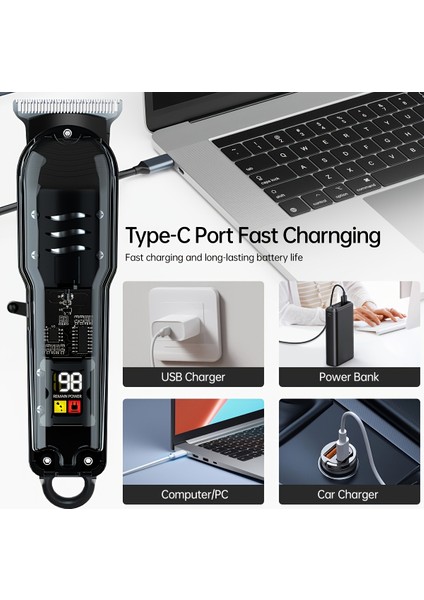 USB Şarj Edilebilir Saç Sakal Traş Makinesi LCD Ekranlı / New Generation / Renk Siyah Full Set