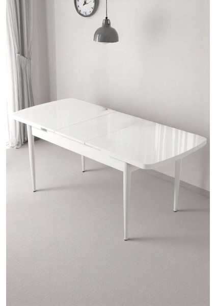 Monera Beyaz 80 x 132 Açılabilen Mdf Masa Metal Ayaklı Mutfak Masası Takımı 4 Cappucino Sandalye