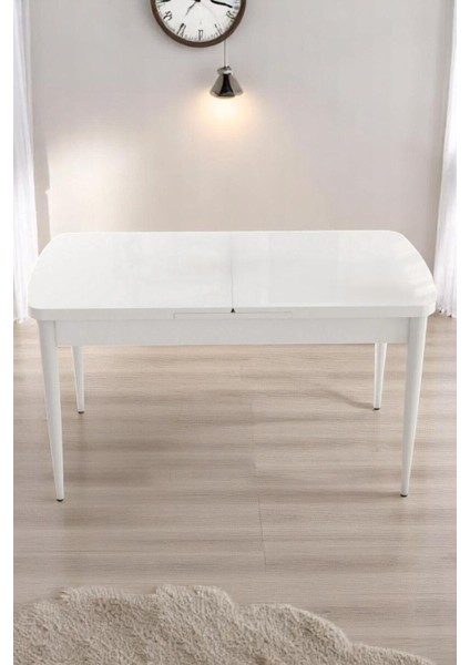Monera Beyaz 80 x 132 Açılabilen Mdf Masa Metal Ayaklı Mutfak Masası Takımı 4 Cappucino Sandalye