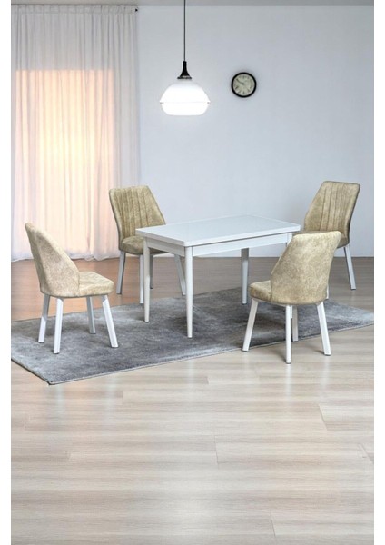 Arven Beyaz Mdf 70X110 Sabit Mutfak Masası Takımı Beyaz Metal Ayak 4 Krem Sandalye