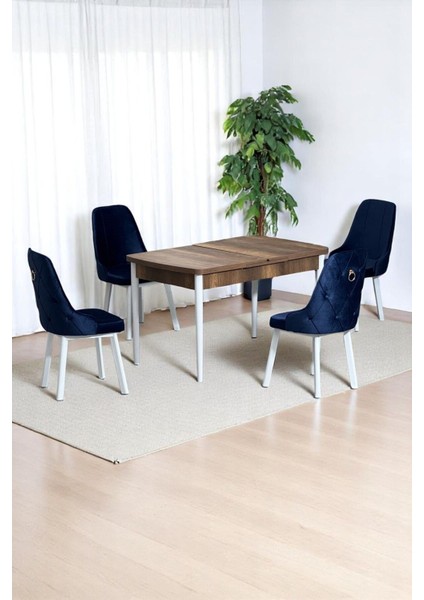 Monera Ceviz 80 x 132 Açılabilen Sunta Masa Metal Ayaklı Mutfak Masası Takımı 4 Lacivert Sandalye