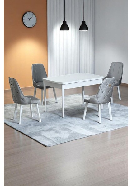 Monera Beyaz 80 x 132 Açılabilen Sunta Masa Metal Ayaklı Mutfak Masası Takımı 4 Gri Sandalye