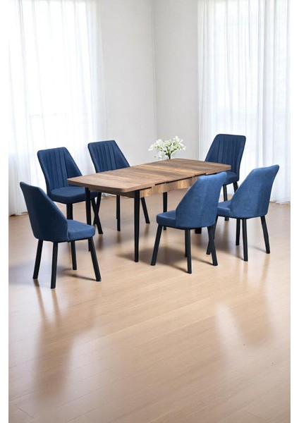 Luna Ceviz 80 x 132 Açılabilen Sunta Masa Siyah Metal Ayaklı Mutfak Masası 6 Lacivert Sandalye