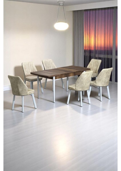 Sera Ceviz 80 x 132 Açılabilen Sunta Masa Beyaz Metal Ayaklı Mutfak Masası 6 Krem Sandalye