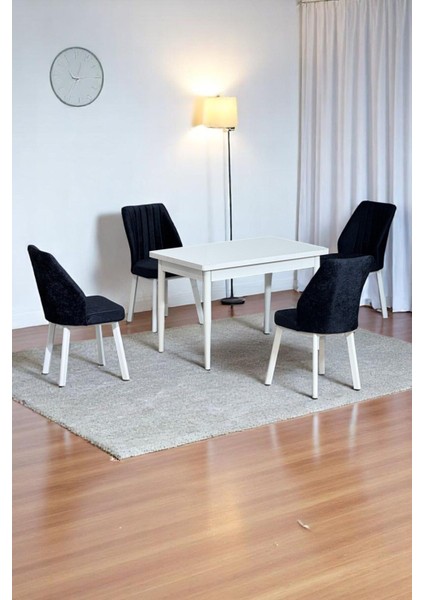 Arven Beyaz Sunta 70X110 Sabit Mutfak Masası Takımı Beyaz Metal Ayak 4 Siyah Sandalye