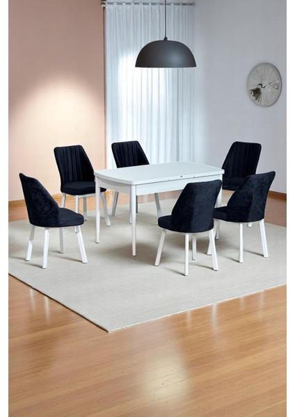 Sera Beyaz 80 x 132 Açılabilen Mdf Masa Beyaz Metal Ayaklı Mutfak Masası 6 Siyah Sandalye