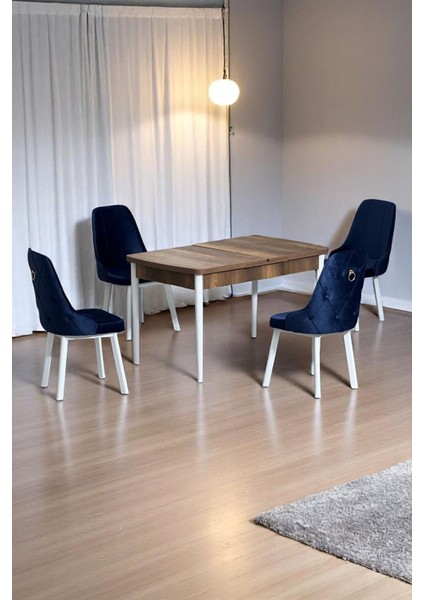 Monera Ceviz 80 x 132 Açılabilen Mdf Masa Metal Ayaklı Mutfak Masası Takımı Antrasit Sandalye