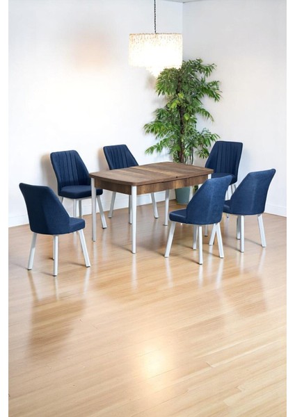 Sera Ceviz 80 x 132 Açılabilen Mdf Masa Beyaz Metal Ayaklı Mutfak Masası 6 Lacivert Sandalye