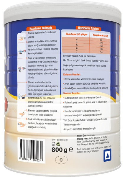 NutriPRO Plus 1 Bebek Sütü 800 gr x 2 Adet