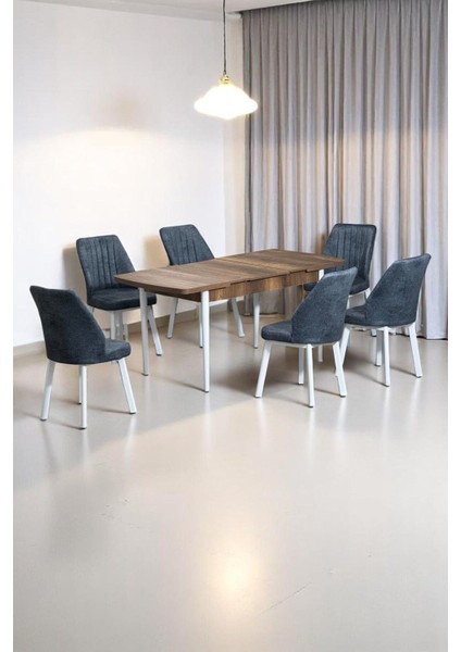 Sera Ceviz 80 x 132 Açılabilen Sunta Masa Beyaz Metal Ayaklı Mutfak Masası 6 Kot Füme Sandalye