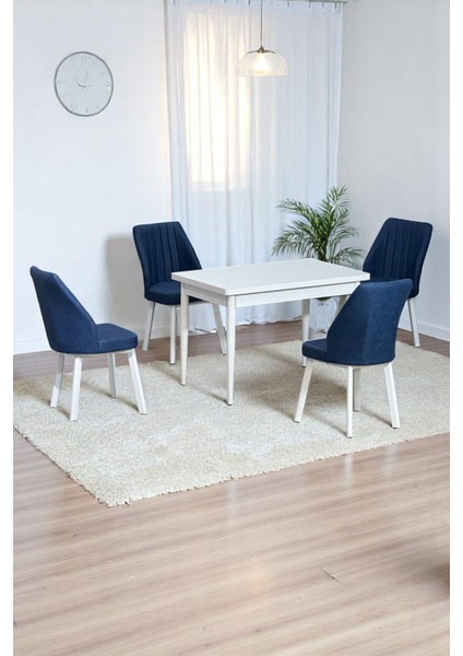 Arven Beyaz Mdf 70X110 Sabit Mutfak Masası Takımı Beyaz Metal Ayak 4 Lacivert Sandalye
