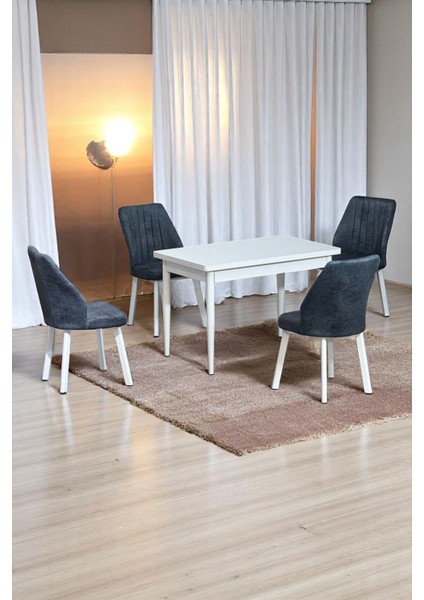 Arven Beyaz Sunta 70X110 Sabit Mutfak Masası Takımı Beyaz Metal Ayak 4 Füme Kot Desen Sandalye