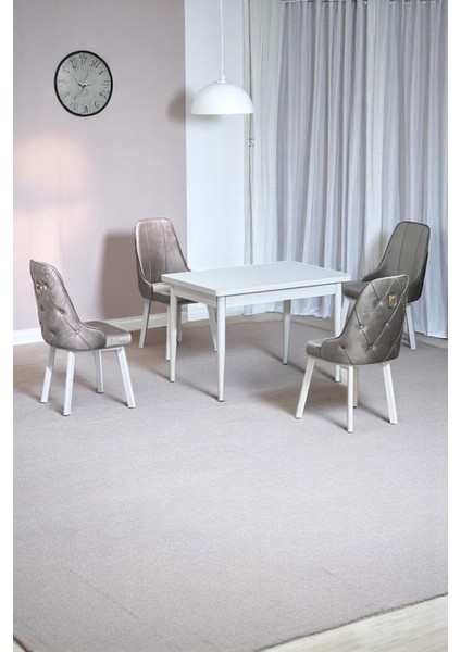 Still Beyaz Mdf 70X110 Sabit Mutfak Masası Takımı Beyaz Metal Ayak 4 Cappucino Sandalye