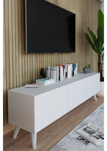 Modern Beyaz 3 Kapaklı Tv Ünitesi 140 cm Geniş Depolama Alanı, Salon, Fonksiyonel Tv Sehpası fiyatları