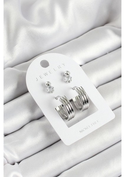 Pirinç Zirkon Taş ve Halka Figürlü Gümüş Renk 3'lü Çift Kadın Küpe Set - TJ-BKP10649