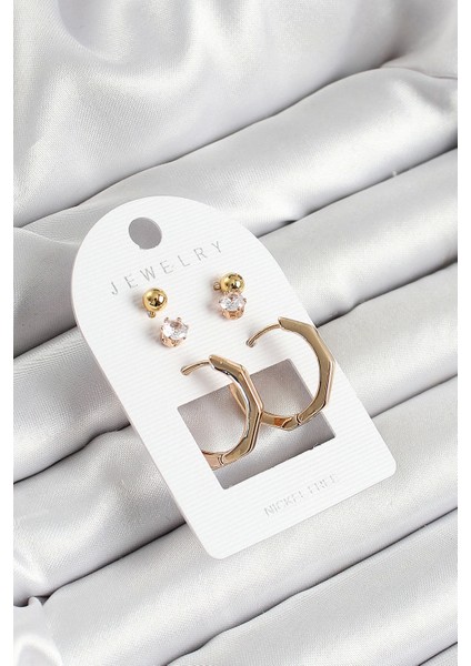 Pirinç Zirkon Taş ve Kemik Halka Figürlü Gold Renk 3'lü Çift Kadın Küpe Set - TJ-BKP10654