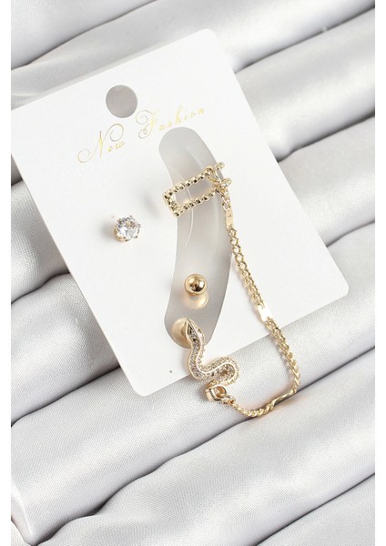 Pirinç Yılan Figürlü Zirkon Taşlı Gold Renk 3'lü Kıkırdak Kadın Küpe Set - TJ-BKP10664