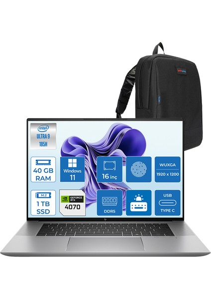 Zbook Studio 16 G11 Intel Core U9 185H 40GB Ddr5 1tb SSD 8GB/RTX4070 16" Wuxga IPS 400NITS 100% Srgb Windows 11 Pro Taşınabilir Iş Istasyonu Bilgisayar 8S9S5EAWP14 + Zettaçanta