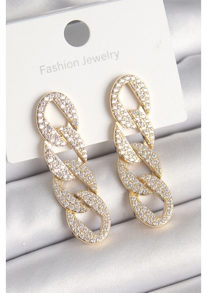 Pirinç Gold Renk Zirkon Taşlı Zincir Model Kadın Küpe - TJ-BKP10202