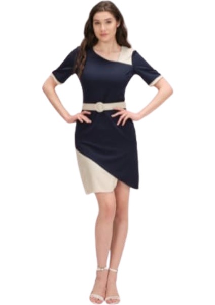 Lacivert-Bej Detaylı Kısa Kollu Kemerli Kısa Kalem Elbise modelleri