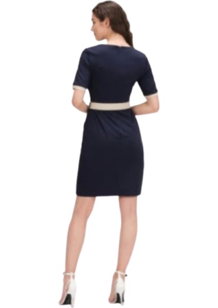 Lacivert-Bej Detaylı Kısa Kollu Kemerli Kısa Kalem Elbise fırsatları