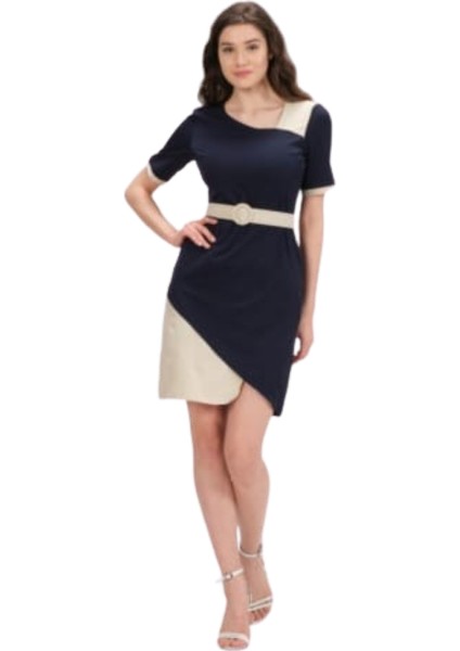 Lacivert-Bej Detaylı Kısa Kollu Kemerli Kısa Kalem Elbise