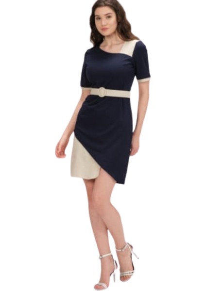 Lacivert-Bej Detaylı Kısa Kollu Kemerli Kısa Kalem Elbise fiyatları