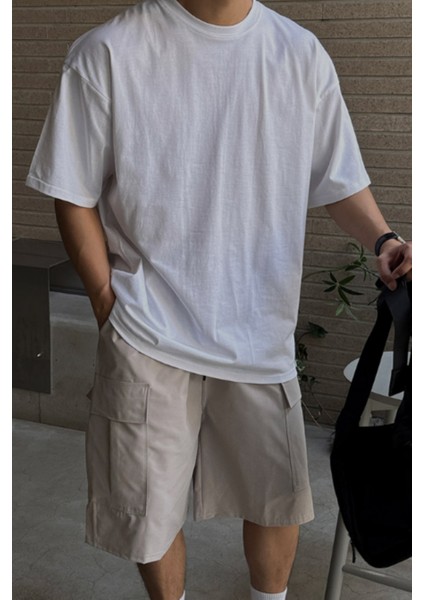 Erkek %100 Pamuklu Kalın Dokulu Oversize Bisiklet Yakalı Beyaz T-Shirt