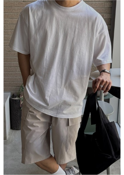 Erkek %100 Pamuklu Kalın Dokulu Oversize Bisiklet Yakalı Beyaz T-Shirt fiyatları