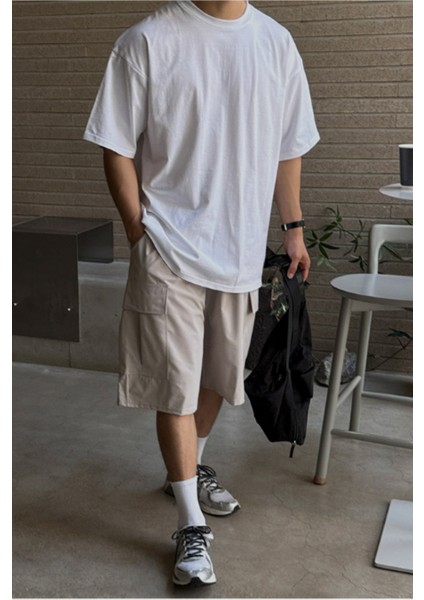 Erkek %100 Pamuklu Kalın Dokulu Oversize Bisiklet Yakalı Beyaz T-Shirt fırsatları