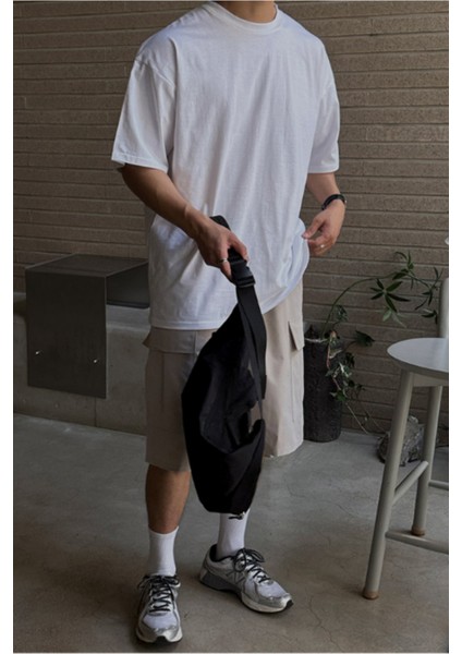 Erkek %100 Pamuklu Kalın Dokulu Oversize Bisiklet Yakalı Beyaz T-Shirt