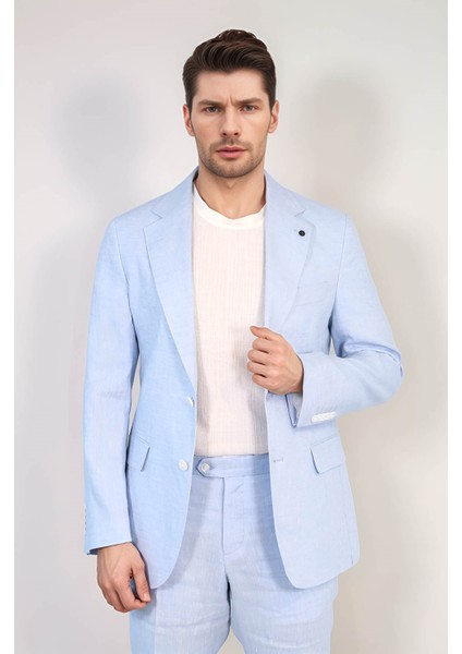 Keten/mono Yaka Çift Yırtmaç Takım A Mavi