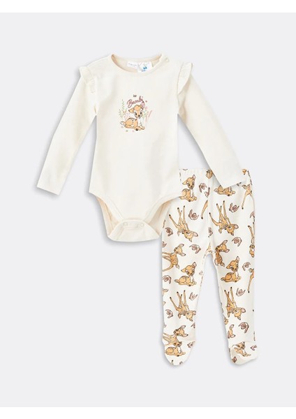 Lcw Baby Bej Bambi Baskılı Kız Bebek Çıtçıtlı Body ve Pantolon 2'li