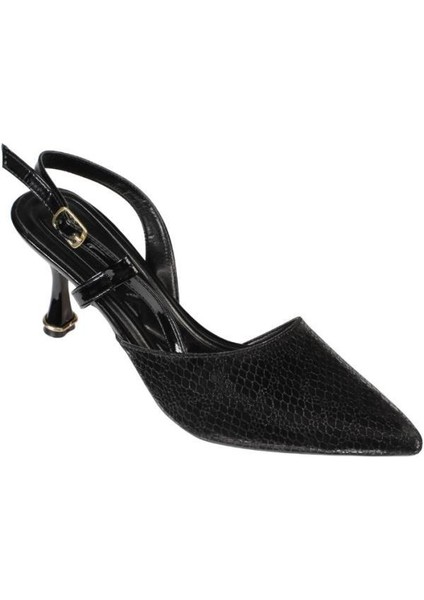 Yazkış Kadın Siyah Gümüş Altın Parlak Petek Malzeme 8cm Kadeh Topuk Önü Sivri Arkası Açık Ayakkabı