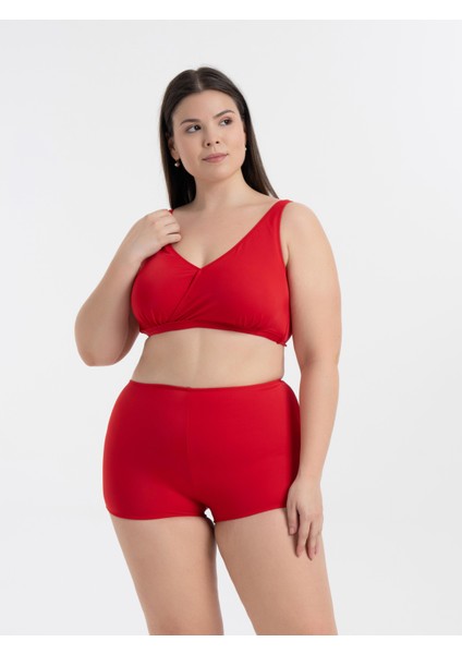 Aquaviva Kadın Kırmızı Büyük Beden Quinn Kruvaze Detaylı Toparlayıcı Şortlu Bikini Takımı