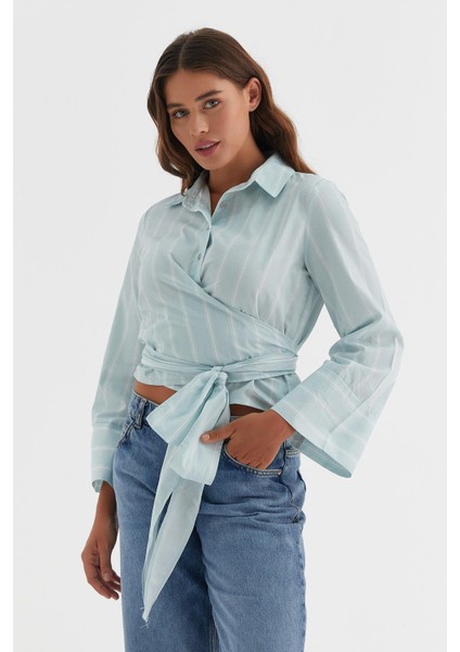 Çizgili Belden Bağlamalı Gömlek Su Yeşili fiyatları