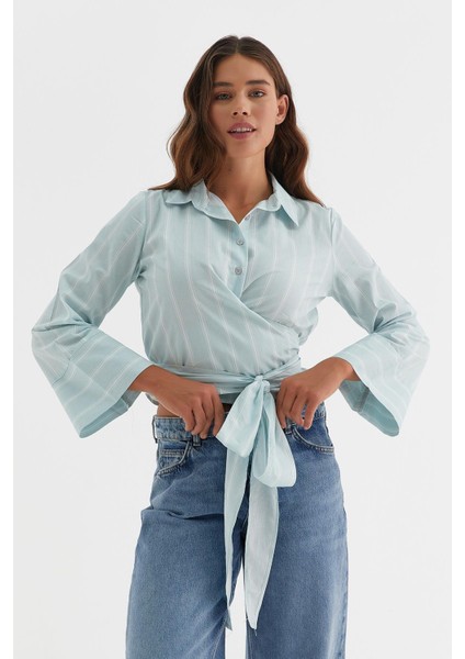 Çizgili Belden Bağlamalı Gömlek Su Yeşili modelleri