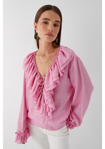 V Yaka Bağcıklı Bluz Pembe
