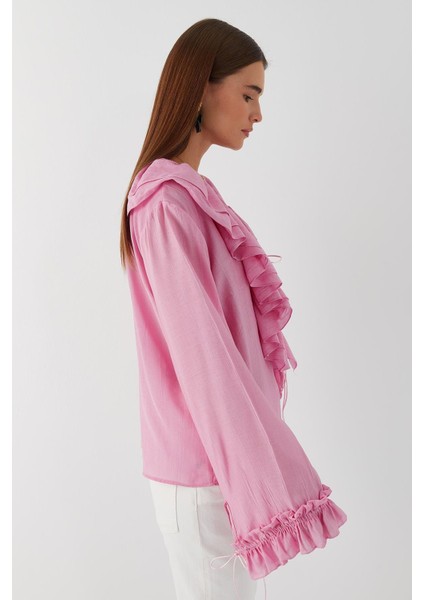 V Yaka Bağcıklı Bluz Pembe