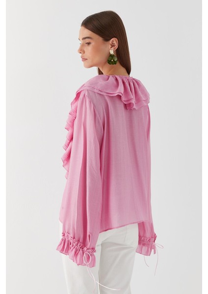 V Yaka Bağcıklı Bluz Pembe