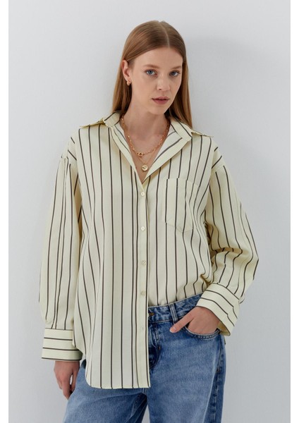 Çizgili Oversize Gömlek Sarı