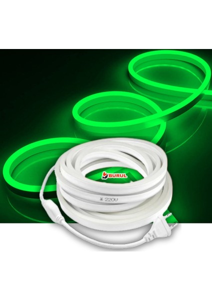 SB-6509 15 Metre Yeşil Işık Neon LED Şerit Dış Mekan Silikonlu Esnek Dekoratif Aydınlatma 220V Fişli