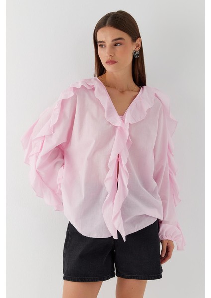 Yakası ve Kolları Fırfırlı Gömlek Pembe