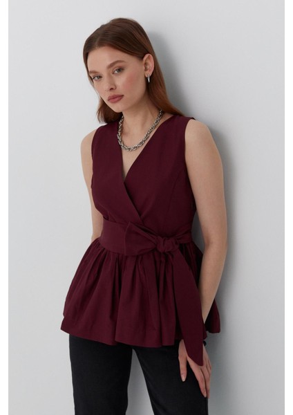 Bağlamalı Kolsuz Bluz Bordo