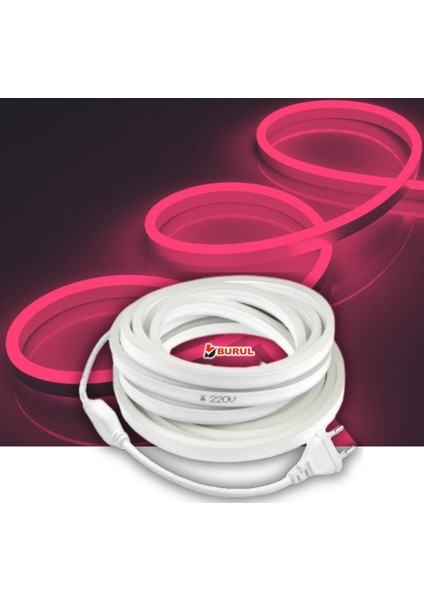 5 Metre Pembe Işık Neon Led Şerit Dış Mekan Silikonlu Esnek Dekoratif Aydınlatma 220v Fişli Sb-6509