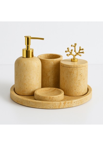 5 Parça Doğal Traverten Banyo Seti – Gold Detaylı